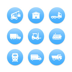 transportation, logistics icons set, warehouse, cargo train, ship, truck, loader, van, maritime transport