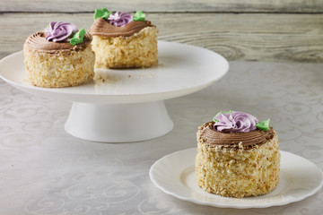 Homemade cake dessert with cream on a white background