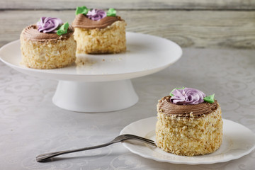 Homemade cake dessert with cream on a white background