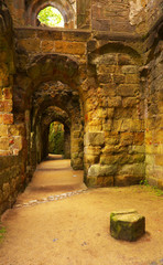 Corridor in a former medieval Gothic monastery in town of Oybin, Germany