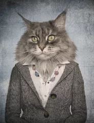 Vlies Fototapete Hipster Tiere Katze in Kleidung. Konzeptgrafik im Vintage-Stil.