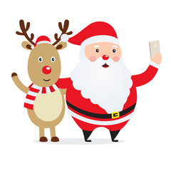 Christmas selfie Santa Claus with a deer. New year photo on phone cartoon characters.