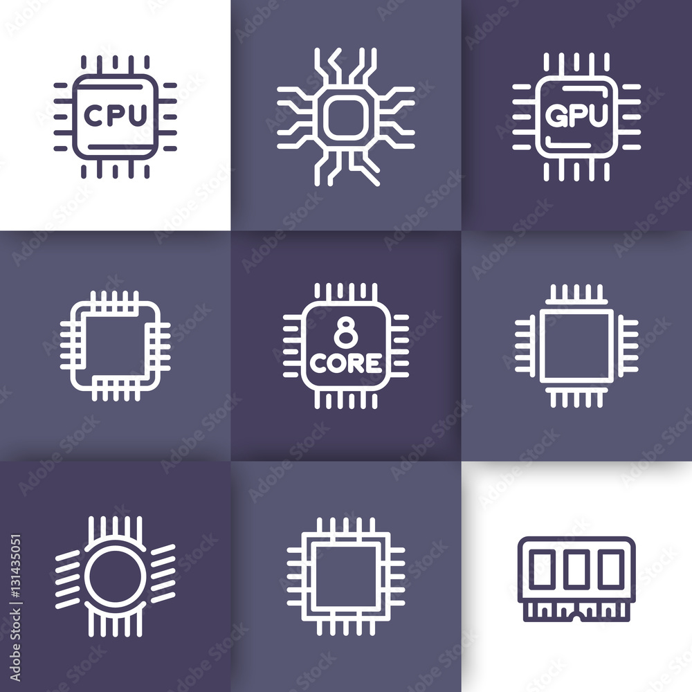 Poster chipset, cpu line icons set, microchip, 8-core processor, gpu