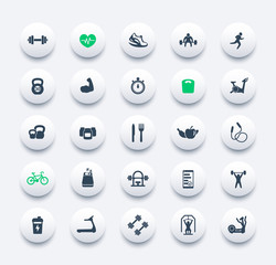 25 fitness icons, set of gym, workout, exercises, training vector signs