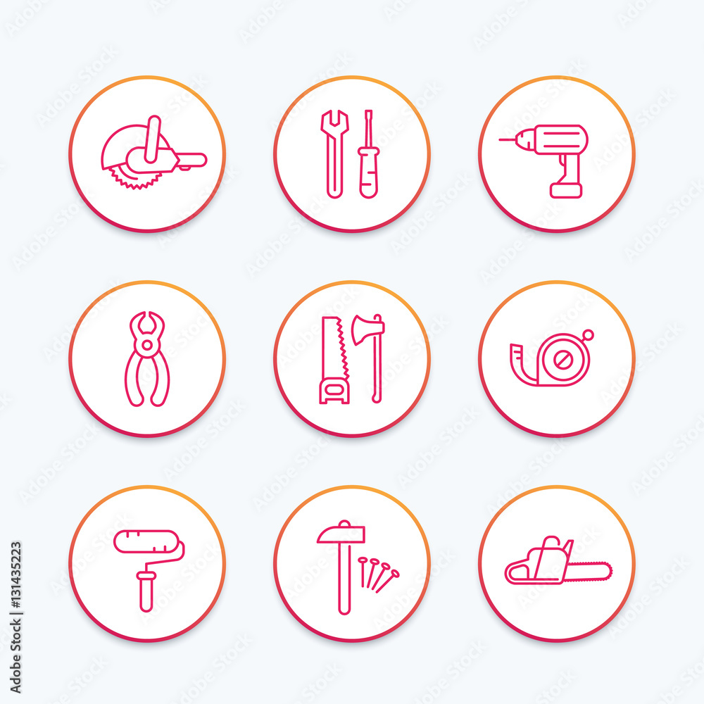 Poster construction tools line icons set, wrench, drill, saw, paint roller, tape measure, hammer