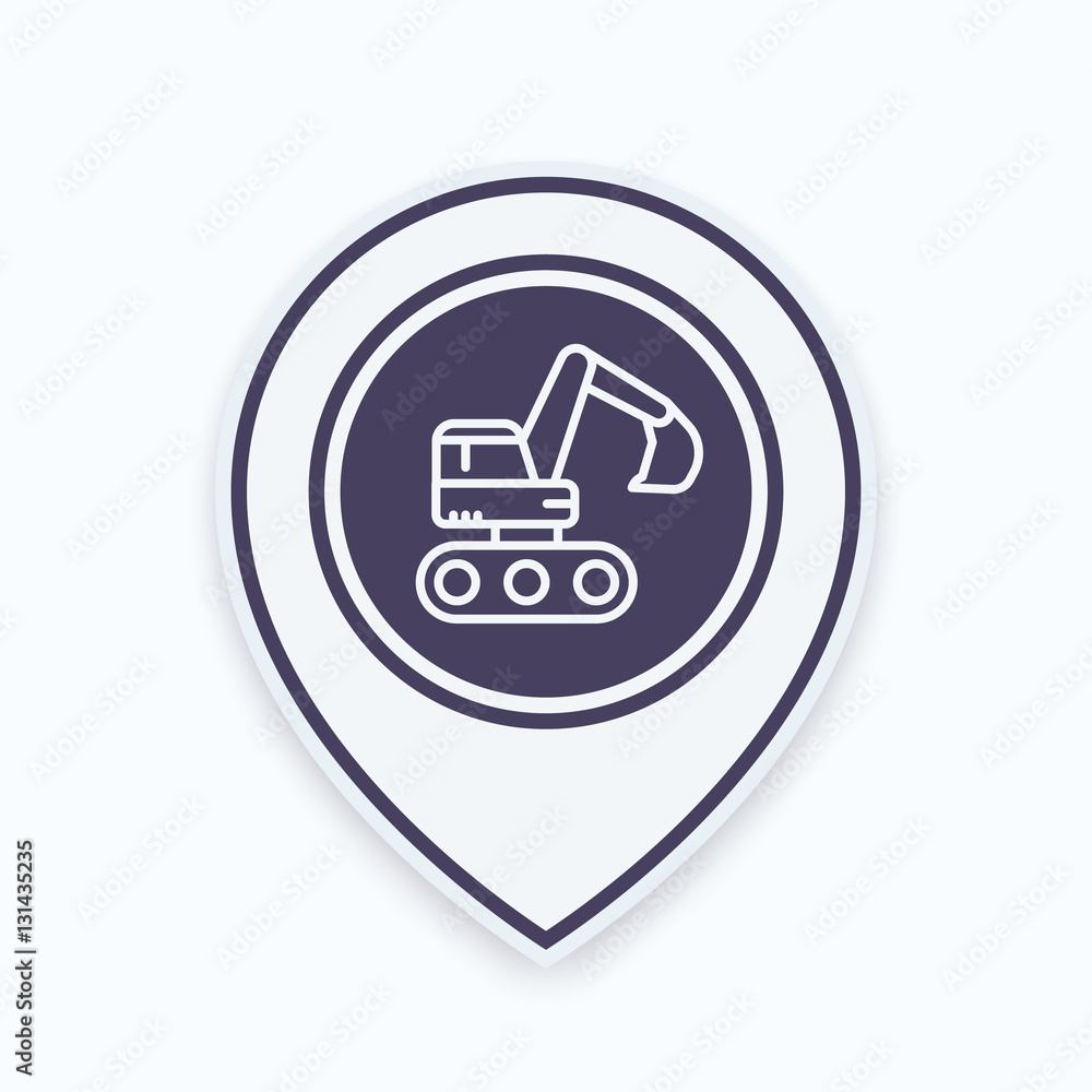 Wall mural excavator icon in linear style on map pointer, vector illustration