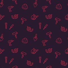 seamless pattern with construction tools and equipment linear icons, dark background