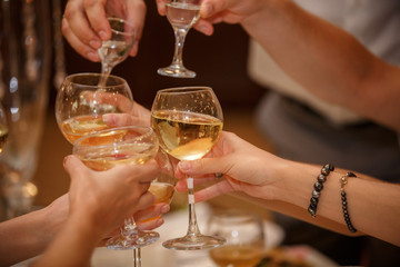 Toast at celebration, group of people celebrating holiday with glasses with alcoholic drinks