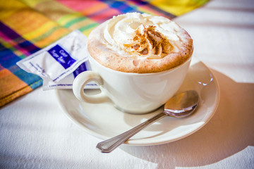 Hot coffee cappuccino on a table