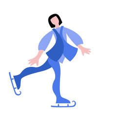 A woman in a blue dress on skates. White background.