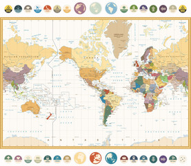 Fototapeta na wymiar America Centered World Map with flat icons and globes.Vintage colors