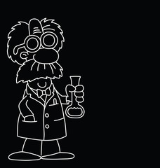 Monochrome outline cartoon scientist with copy space for own text 