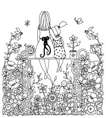Vector illustration zentangl, mother and daughter sitting in the flowers. Doodle drawing. Coloring book anti stress for adults. Black and white.