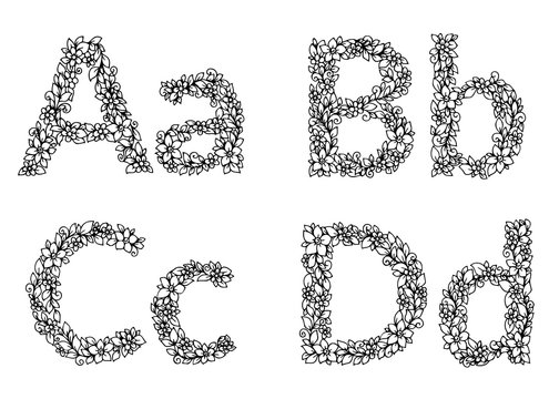 Vector illustration zentangl, flower letters alphabet. Doodle drawing. Meditative exercise. Coloring book anti stress for adults. Black and white.