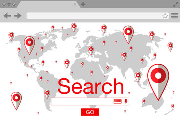 Flat style browser search engine. World map with pins. Vector stock illustration