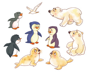 Set of cute arctic baby animals. Coloring page. Baby penguins, seals, white bears