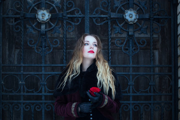 Fototapeta premium a beautiful girl standing at the lattice wrought