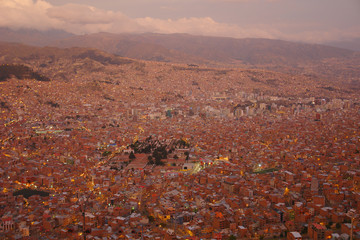 View of the Bolivian city La Paz at sunset
