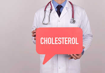 Doctor holding speech bubble with CHOLESTEROL message