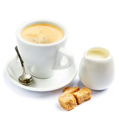 cup of coffee and cream on white background