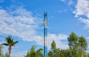 Telecommunication tower and sky blue .