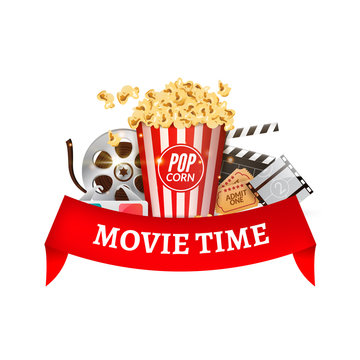 Cinema movie vector poster design template. Popcorn, filmstrip, clapboard, tickets. Movie time background banner with red ribbon