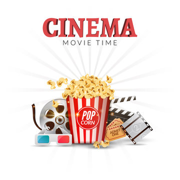 Cinema movie vector poster design template. Popcorn, filmstrip, clapboard, tickets. Movie time background banner