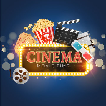 Cinema movie vector poster design template. Popcorn, filmstrip, clapboard, tickets. Movie time background banner shining sign