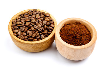 coffee beans in bowl isolated on white background