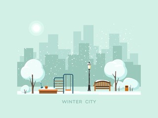 Obraz premium Winter park in the city with children playground. Vector illustration.