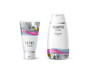 Abstract body care cosmetic brand concept. Cream, shampoo packaging. Realistic vector identity set template with soft waves, smooth shapes for beauty, medicine, healthcare. Design layout.