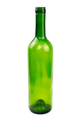 Green wine glass bottle isolated on  a white background. Recyclable waste series.