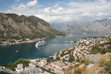 Fototapeta na wymiar Nice view of the Bay of Kotor, mountains and the city. Montenegro