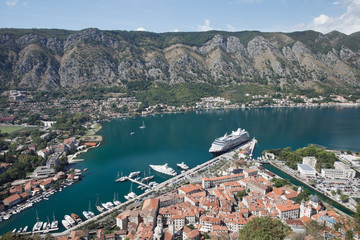 Bay of Kotor, surrounded by mountains and the ancient city of Kotor. View from above