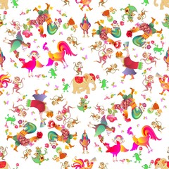 Seamless animal print for children with cock, chicken, elephant, crocodile, monkey, birds, cat, kitten, Sirin bird and flowers. Fairy tale. Print for fabric. Year of the rooster. Bedding.