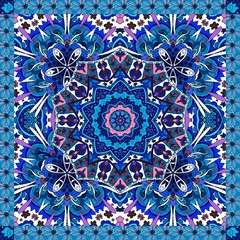 Decorative floral ornament in pink and blue tones. Can be used for cards, bandana prints, kerchief design, tablecloths and napkins. Oriental pattern. Flower mandala.