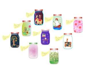 Fototapeta premium Vitamins for the Soul. Cute cartoon allegorical illustration. Medicine for the soul. Pleasant memories in glass jars.
