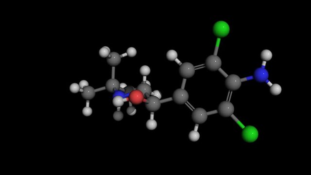 clenbuterol molecule model rotating. Clenbuterol is a sympathomimetic amine used by people with breathing disorders. Often abused for doping by athletes.