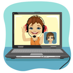 Little boy chatting with his mother via internet. Video call and chat concept. Modern communication technology.