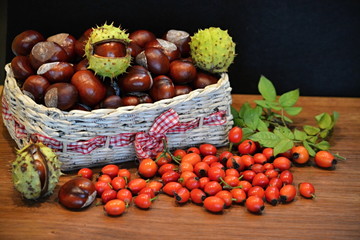  brown chestnuts/brown chestnuts and fruits of the forest in a basket