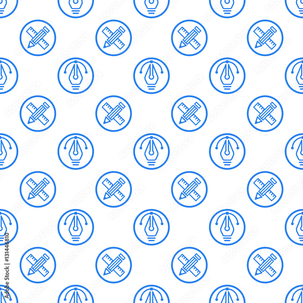 Poster vector illustration of seamless pattern with blue icons in flat line style. linear pen and ruler. us