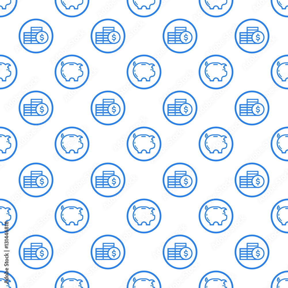 Poster vector illustration of seamless pattern with blue icons in flat line style. linear big and money. us