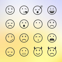 Set of green Emoticons, Emoji and Avatar. Outline style isolated vector illustration on white background. Happy, sad, disappointment face icon graphic on blurred background.