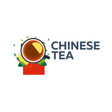Tea time. Cup of tea with lemon. Chinese tea. Vector illustration.