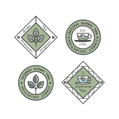 Obraz premium Vector Flat Icon Style Illustration Logo Badge Set for Organic Green tea Production or Shop for Healthy Lifestyle