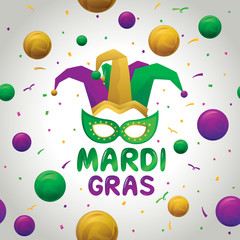 Vector illustration of Mardi Gras festival background with mask, beads and calligraphy design.