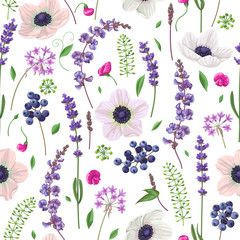 Seamless pattern with flowers and berries.