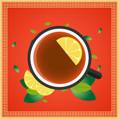 Tea time. Cup of tea with lemon. Vector illustration.