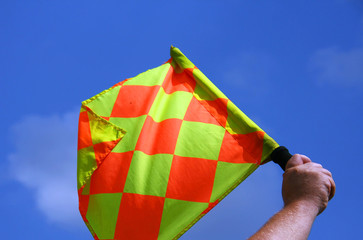 Male hand holding a checkered flag on a background of the blue sky