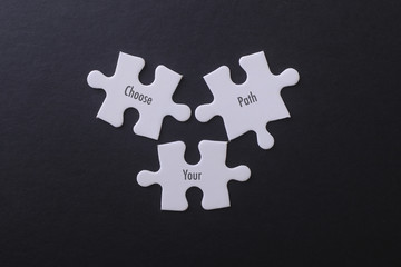 White puzzle on black background with Choose Your Path Word.